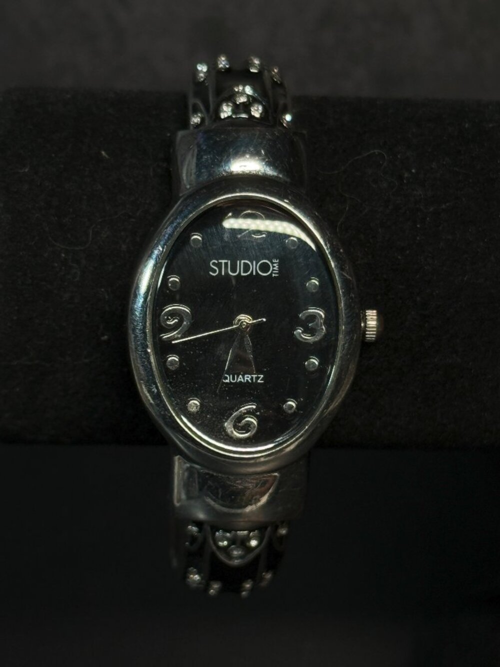Studio Time Black Floral Cuff Watch Crystal Petals Japan Movt New Battery